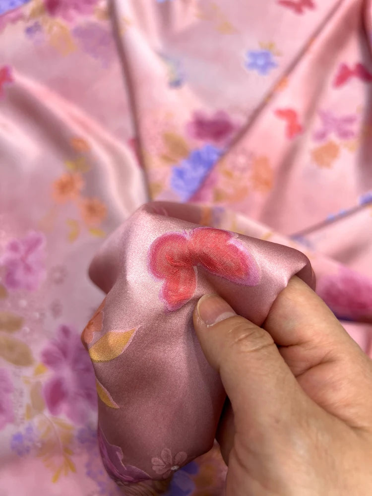 Jacquard Silk Fabric by Yard -55'' Wide-26MM Thickness-Perfect for Summer Shirt Dress Cheongsam Floral Butterfly Print on Pink Silk Fabric DIY Sewing Material D1463