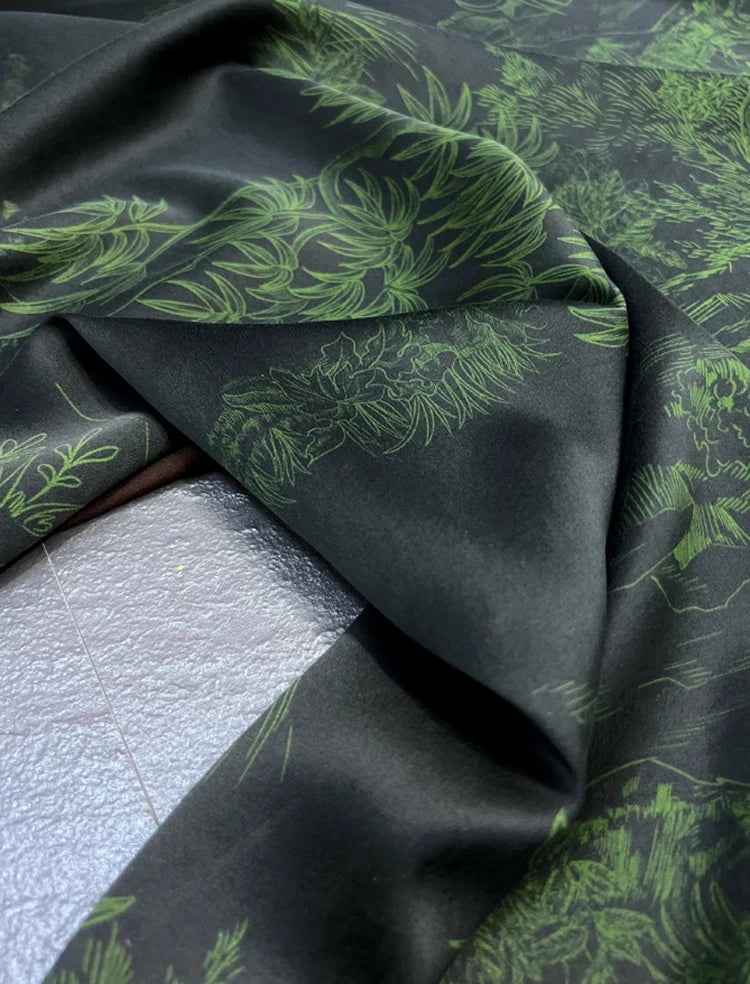 Trees Print Black Green Stretch Silk Fabric - Wide 47'' - Ideal for Dress & Cheongsam - High-Quality 25MM Heavy Silk Fabric Sewing Material D1261