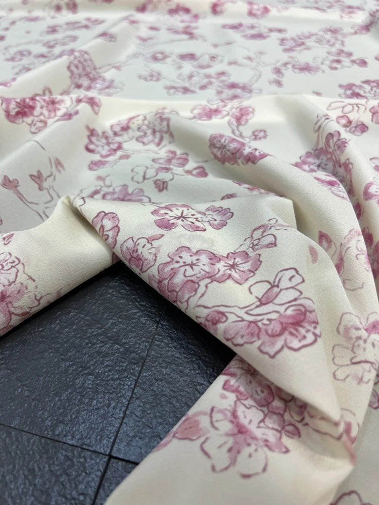 Stretch Comfortable Silk Crepe de Chine Fabric - Pink Floral Printed on White Design, Fabric for Summer Dress Pants-DIY Sewing Material D1497