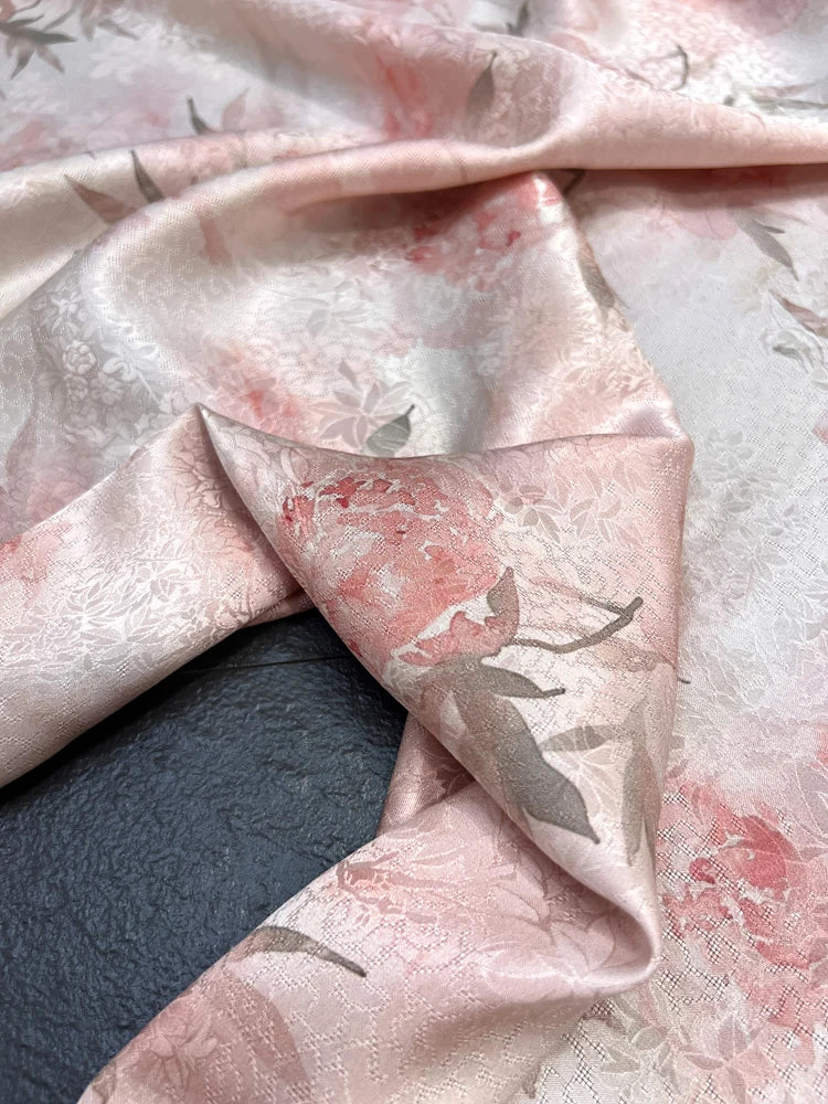 Gorgeous Pink Hibiscus Silk Fabric 45'' Wide 22MM Thickness New Chinese Style Cheongsam Dress Pants Summer Jacquard Silk Fabric by Yard DIY Sewing Material D1673