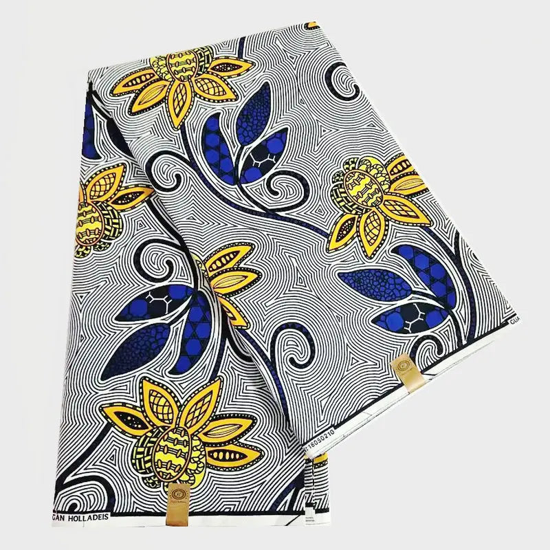 African Style Wax Batik Fabric with Blue Golden Floral,6Yards Long Cotton Fabric for Spring Summer Gray Clothing 115CM Wide DIY Sewing Material R894