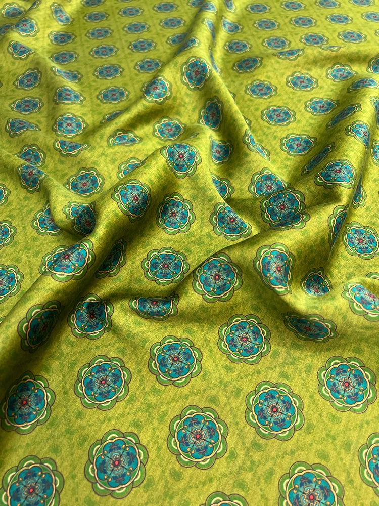 Gambiered Gauze Silk Fabric with Chinese Style Printed on Green Design for Cheongsam Horse Face Skrit Dress,47'' Wide 25MM Thick,DIY Sewing Stretch Material E1557