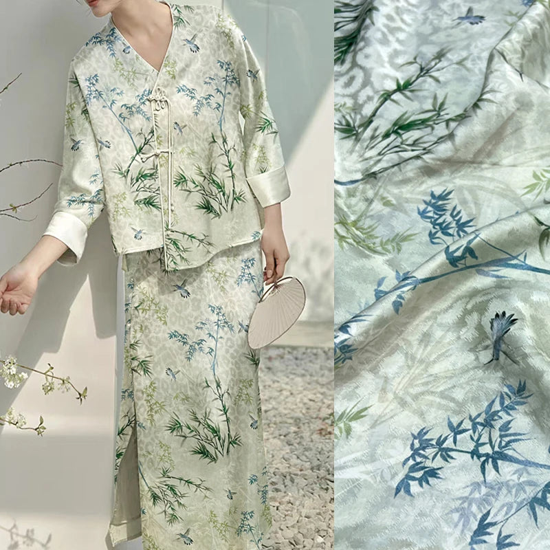 Jacquard Silk Fabric-45'' Width,17MM Thick, Thin Fabric for Summer Dresses Pants Blue Green Bamboo Print Fabric-DIY Sewing Material D1546