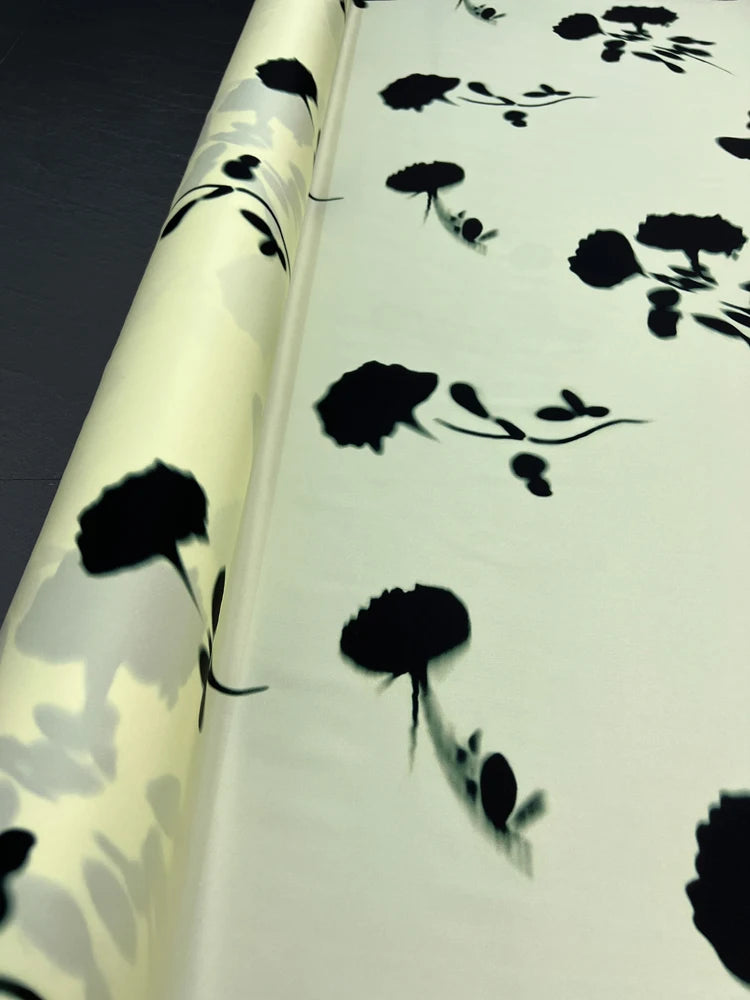 55'' Wide 20MM Thickness Black Floral on Light Green Printed Twill Silk Fabric by Yard for Summer Pants Blouse Dress-Stretch Silk Fabric DIY Sewing Material D1520