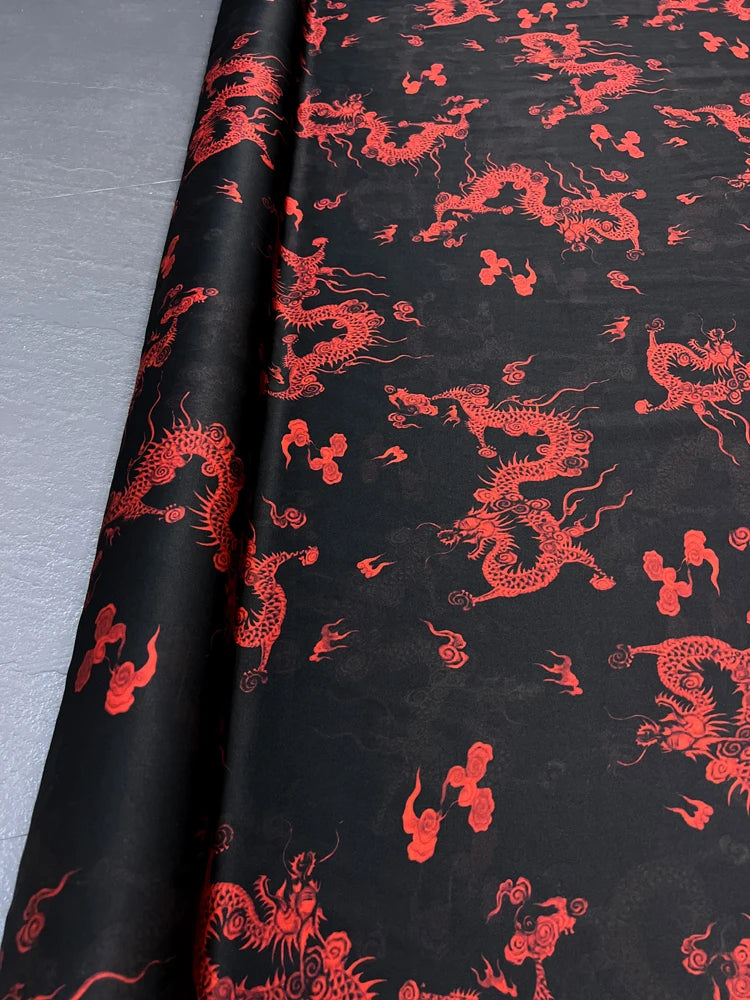 47'' Width 25MM Thick Gambiered Gauze Silk Fabric with Red Chinese Dragon Print on Black Design for Cheongsam Horse Face Skrit Dress Pants,DIY Sewing Material E1562