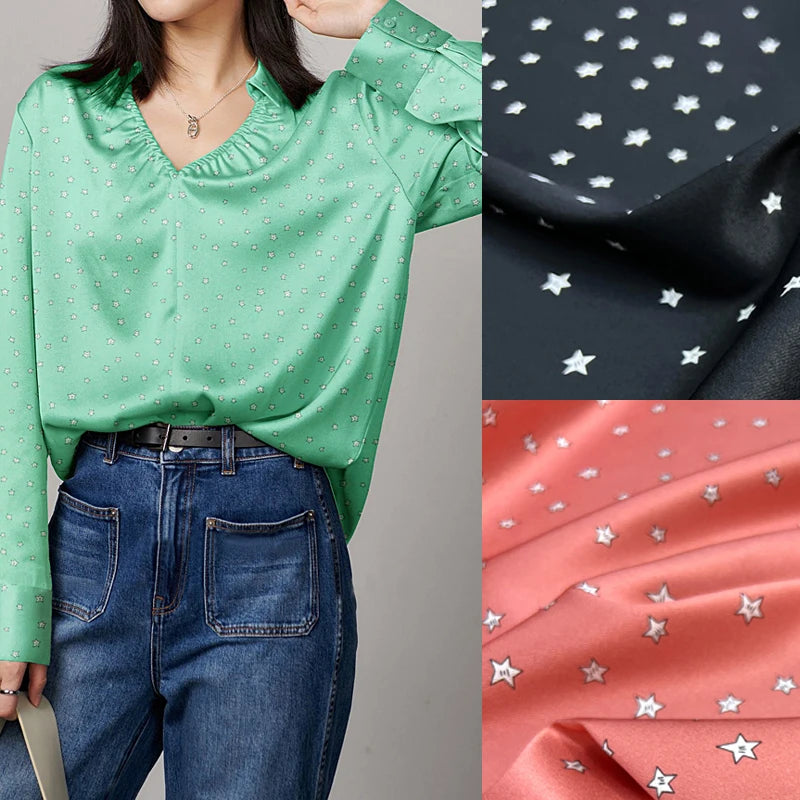 55'' Wide 20MM Thickness Small Stars Printed Twill Silk Fabric by Yard for Summer Pants Blouse Dress-Stretch Comfortable Silk Fabric DIY Sewing Material D1515