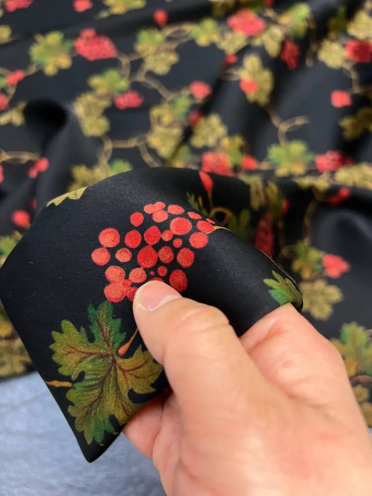 47'' Wide 25MM Thickness Gambiered Gauze Silk Fabric Red Fruites Print on Black Design for Cheongsam Horse Face Skrit Dress Pants Summer DIY Sewing Material by Yard E1592