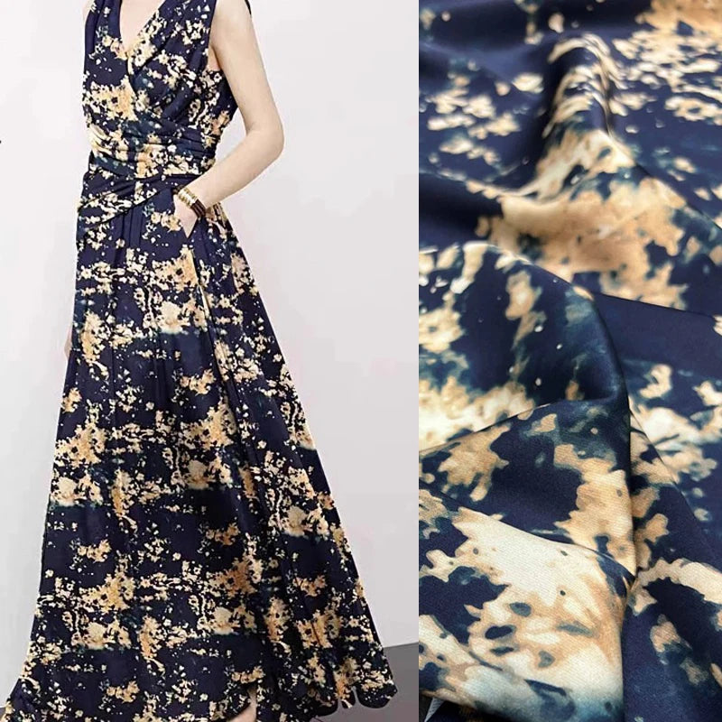 Twill Silk Fabric with Delicate Printed on Black Blue for High-End Summer Dress Shirt Cheongsam,55'' Wide 20MM Heavy Silk Fabric DIY Sewing Material R404