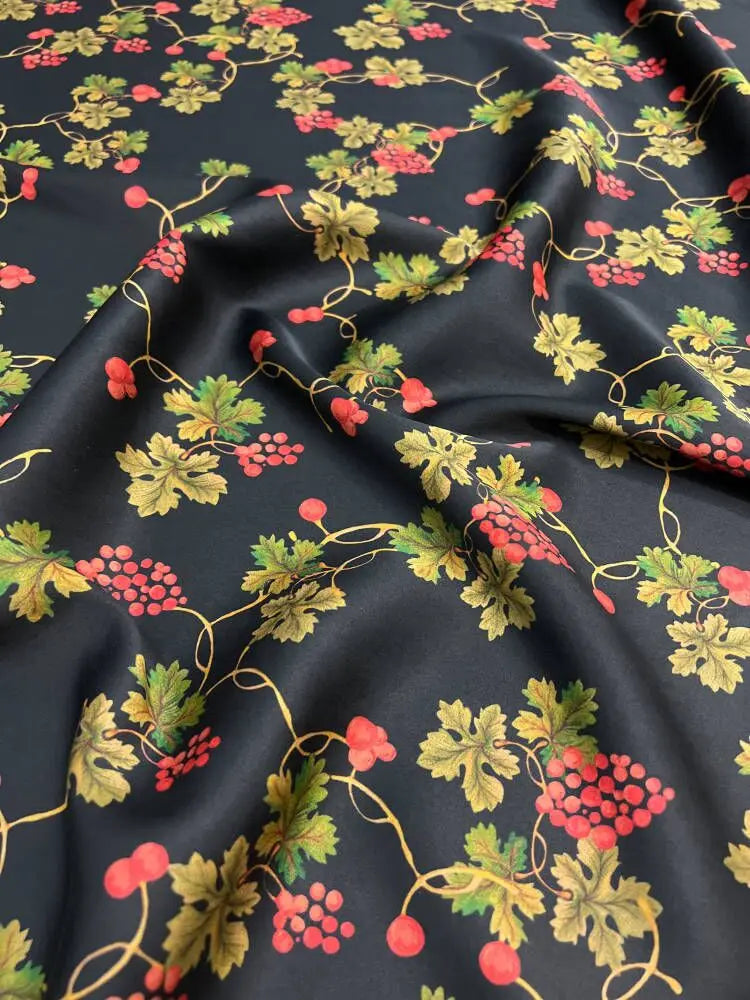 47'' Wide 25MM Thickness Gambiered Gauze Silk Fabric Red Fruites Print on Black Design for Cheongsam Horse Face Skrit Dress Pants Summer DIY Sewing Material by Yard E1592