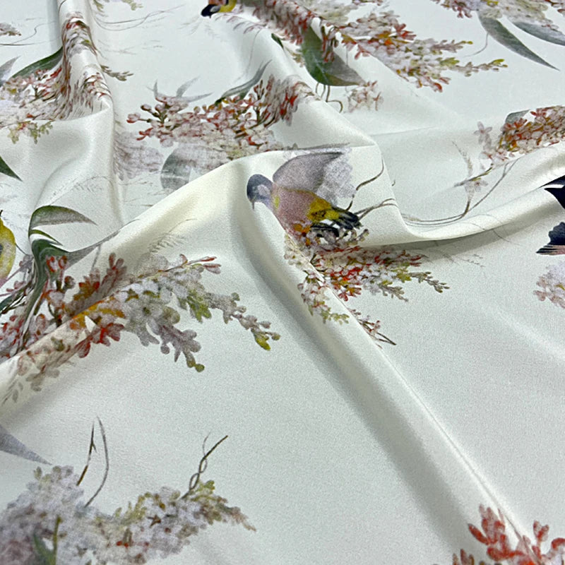 Stretch Comfortable Silk Crepe de Chine Fabric Mulberry Silk Spandex Fabric 55'' Width 18m/m Thin Silk Fabric by 1 Yard for Pajamas,Shirt,Dress or DIY Crafts Chinese Style Birds Floral Printed Material for DIY Sewing D1496