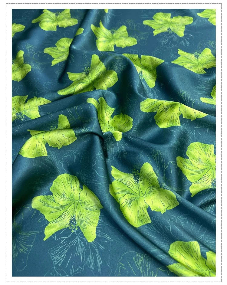 Exclusive Silk Spandex Fabric by Yard with Green Lilies Print on Blue-55'' Wide - Perfect for Dress, Cheongsam and Scarves 19MM Thickness DIY Sewing Silk Fabric Material D1383