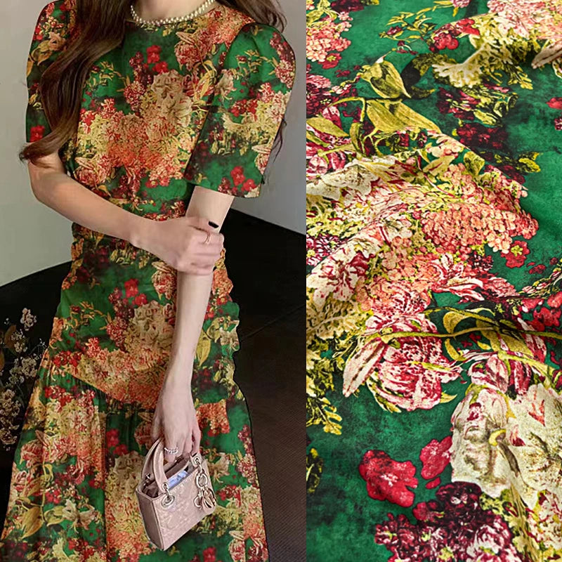 Brilliant Floral Printed on Green,140CM Wide 18MM Silk Crepe de Chine Fabric,Stretch Thin Summer Pants Dress Soft Fabric DIY Sewing Material D1618