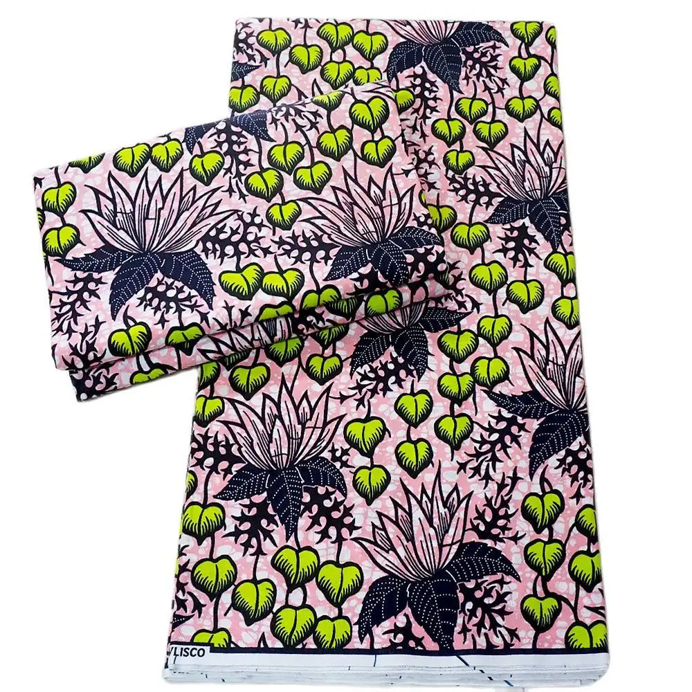 115CM Wide 6Yards Long Black Green Printed on Pink African Wax Fabric 24*24Yarns DIY Sewing Clothes Pants Curtain Batik Cotton Fabric R781