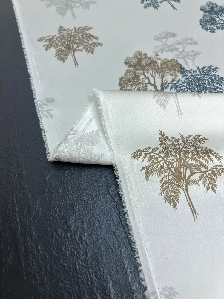 Trees Print on White Silk Satin Fabric 140CM Wide 20MM 93% Silk & 7% Spandex Dress Shirt Summer Stretch Silk Fabric for DIY Sewing D1450