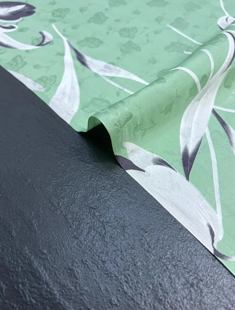 Daffodils Green Jacquard Silk Fabric - Wide 140CM - Thick 16.5MM - Ideal for Dress & Cheongsam & Shirt-DIY Sewing Material D1263