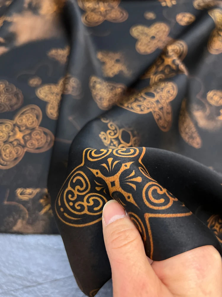 47'' Wide 25MM Thick Gambiered Gauze Silk Fabric with Chinese Style Geometry Printed Design for Stretch Cheongsam Horse Face Skrit Dress,DIY Sewing Material E1566