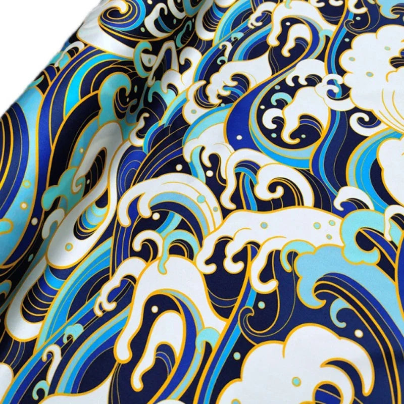 120CM Wide 19MM Blue Wave Print 93% Silk 7% Spandex Stretch Silk Satin Fabric for Smooth Dress Cheongsam,DIY Sewing Material D1156