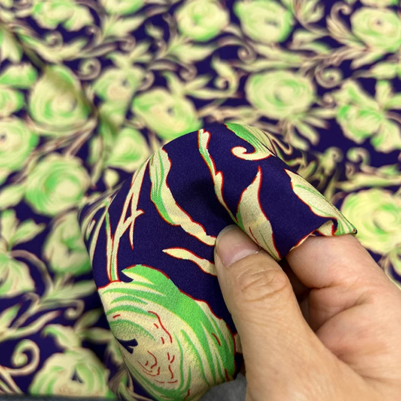 140CM Wide 18MM Silk Crepe de Chine Fabric Stretch-Green Floral on Blue Printed Design for Thin Pants Dress Soft Fabric DIY Sewing Material D1602