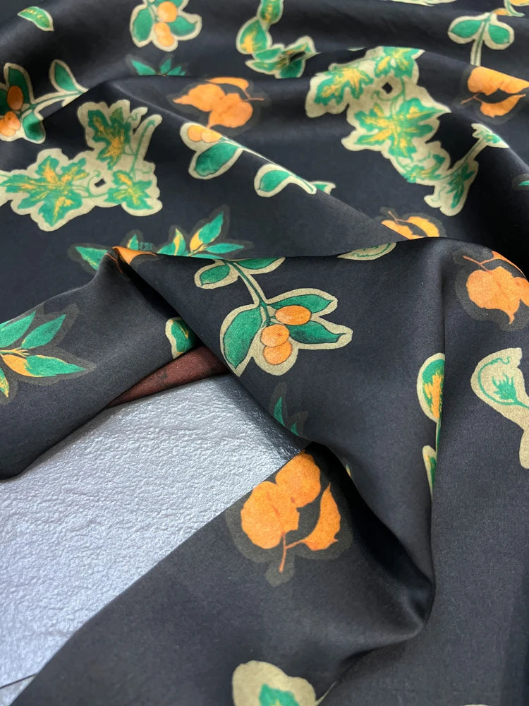 47'' Wide 25MM Thick Gambiered Gauze Silk Fabric with Green Leaves on Black Printed Design for Cheongsam Horse Face Skrit Dress DIY Sewing Material By Yard E1570