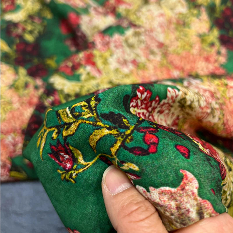 Brilliant Floral Printed on Green,140CM Wide 18MM Silk Crepe de Chine Fabric,Stretch Thin Summer Pants Dress Soft Fabric DIY Sewing Material D1618