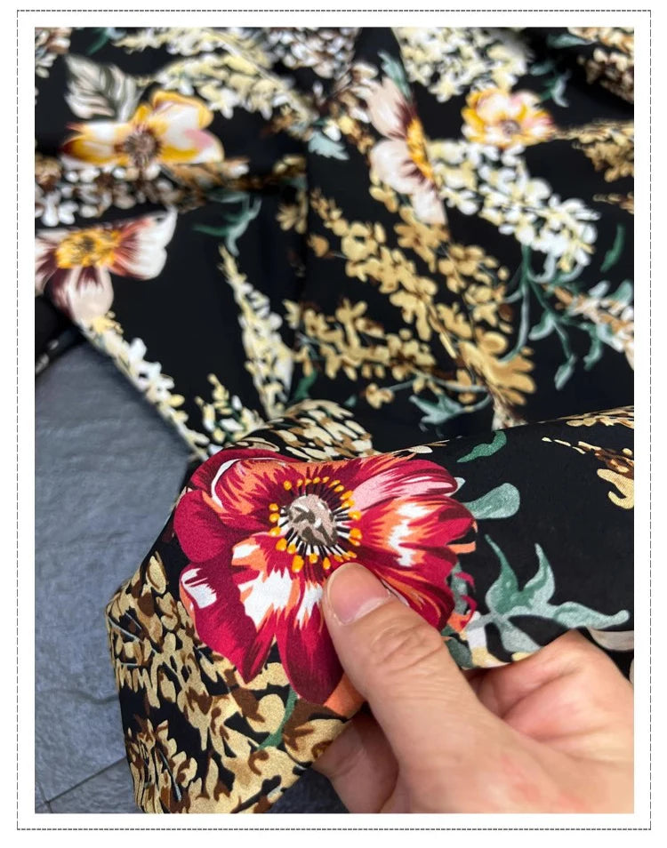 Silk Spandex Fabric Crepe De Chine 18m/m Silk Fabric for Sewing by 1 Yard (Yellow Red Floral Print on Black) DIY Summer Thin Dress Pajamas Pants Material D1319