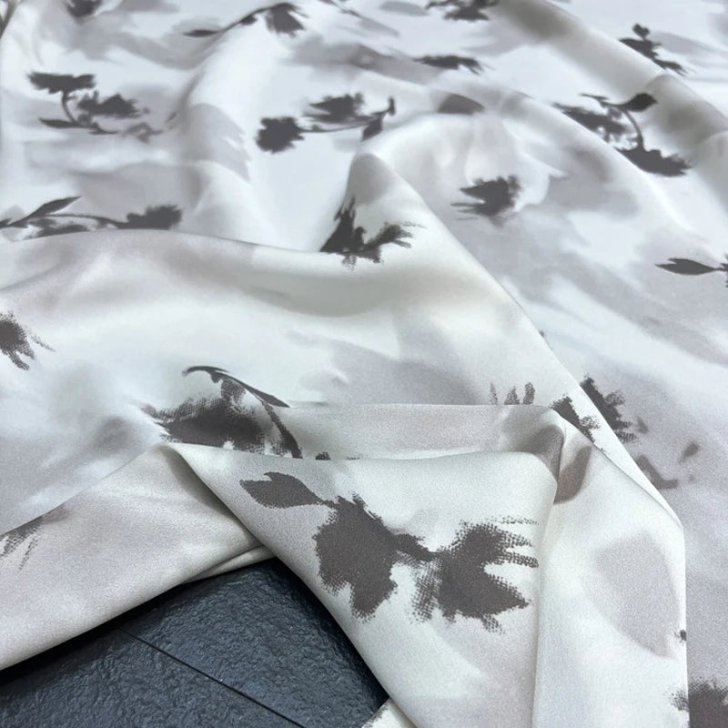 DIY Sewing Material Soft Comfortable Cheongsam Dressmaking Blouse Silk Fabric with Gray Print,55'' Wide 19MM Thickness Stretch Summer Silk Fabric by Yard R400