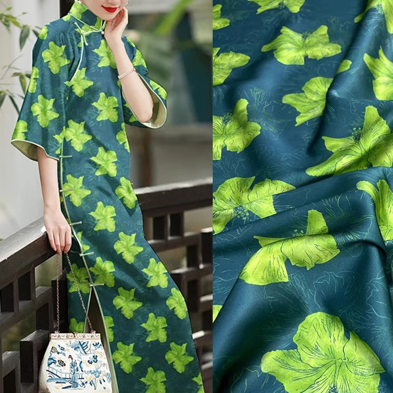 Exclusive Silk Spandex Fabric by Yard with Green Lilies Print on Blue-55'' Wide - Perfect for Dress, Cheongsam and Scarves 19MM Thickness DIY Sewing Silk Fabric Material D1383
