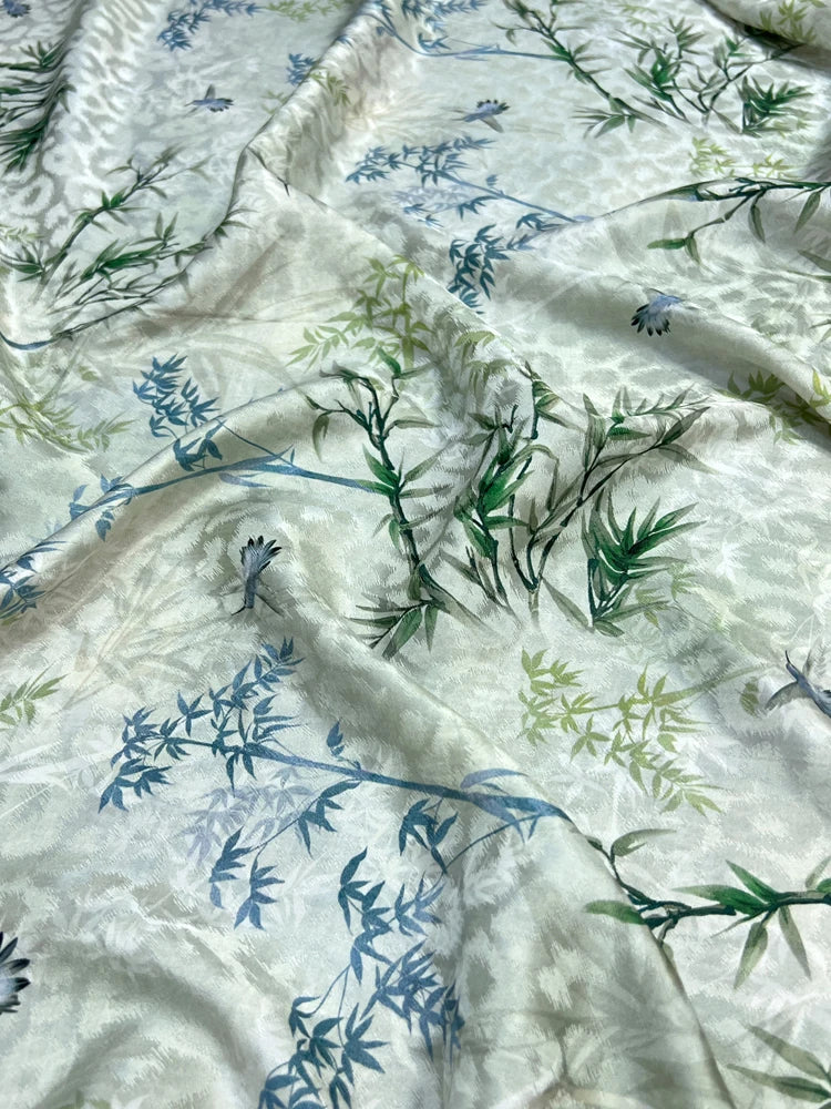 Jacquard Silk Fabric-45'' Width,17MM Thick, Thin Fabric for Summer Dresses Pants Blue Green Bamboo Print Fabric-DIY Sewing Material D1546