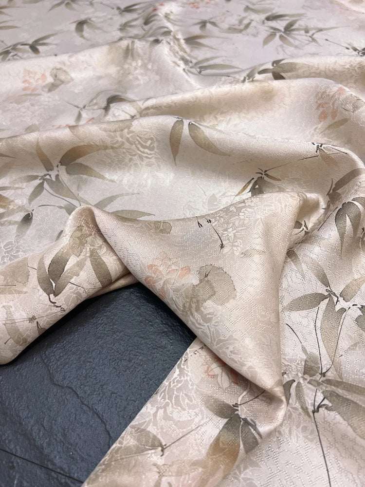 Chinese Style White Ink Bamboo on Light Pink Silk Fabric 45'' Wide 22MM Thickness Cheongsam Dress Pants Summer Jacquard Silk Fabric by Yard DIY Sewing Material D1671