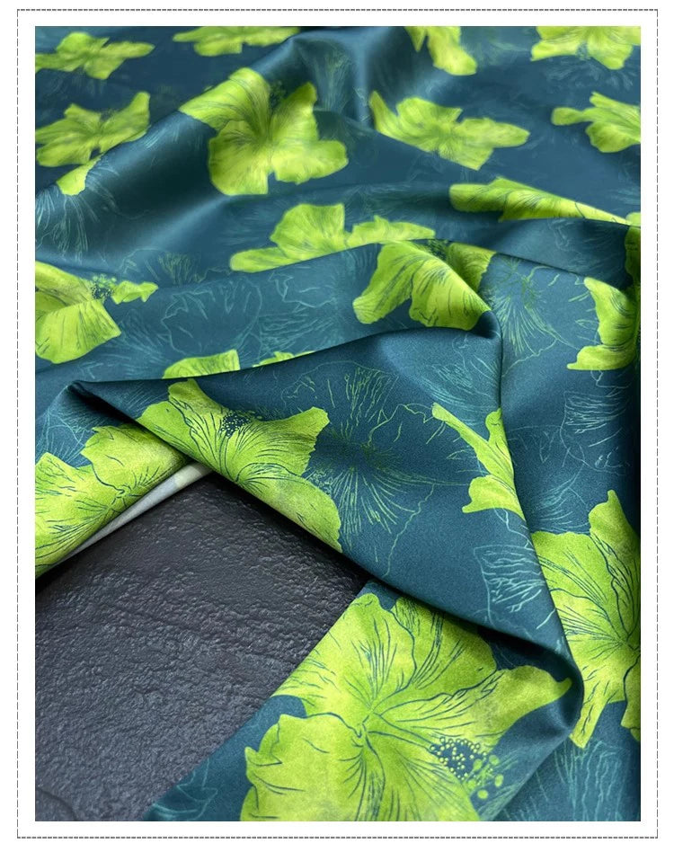 Exclusive Silk Spandex Fabric by Yard with Green Lilies Print on Blue-55'' Wide - Perfect for Dress, Cheongsam and Scarves 19MM Thickness DIY Sewing Silk Fabric Material D1383