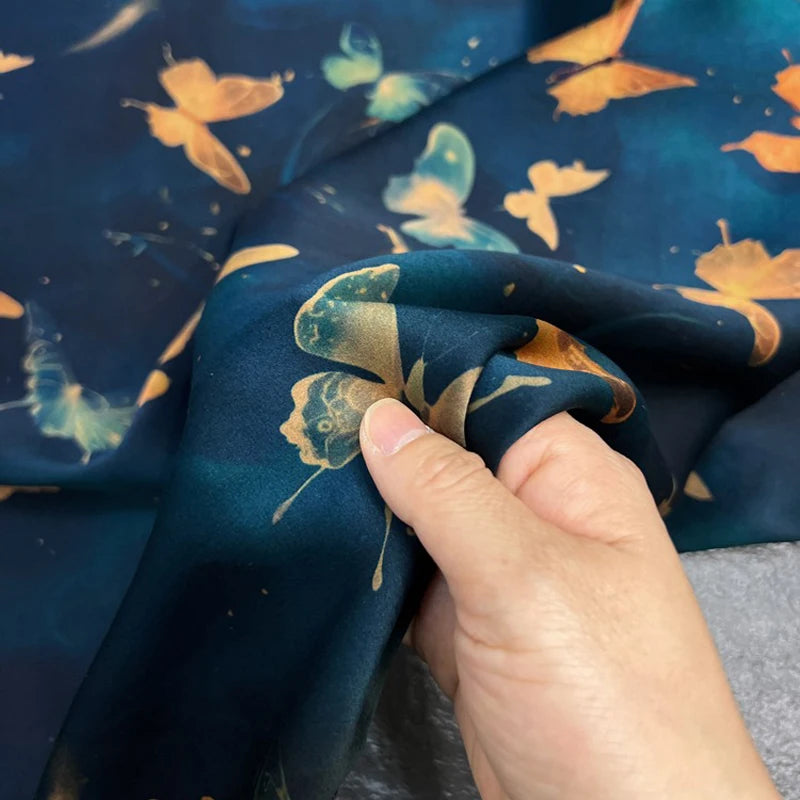 47'' Width 25Thickness DIY Sewing Soft and Comfortable Gambiered Guangdong Silk Fabric Material by Yard,Stretch Fabric with Butterfly on Blue for Cheongsam Dress Shirt DIY R395