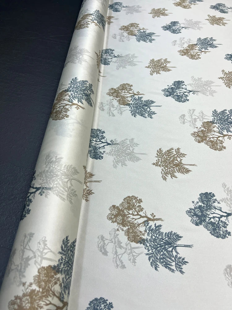 Trees Print on White Silk Satin Fabric 140CM Wide 20MM 93% Silk & 7% Spandex Dress Shirt Summer Stretch Silk Fabric for DIY Sewing D1450