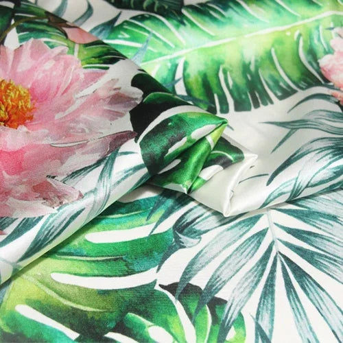 105CM Wide 91G/M Big Green Print Stretch Silk Satin Fabric for Summer Spring Smooth Suit Dress Jacket Skirt,DIY Sewing Material C019