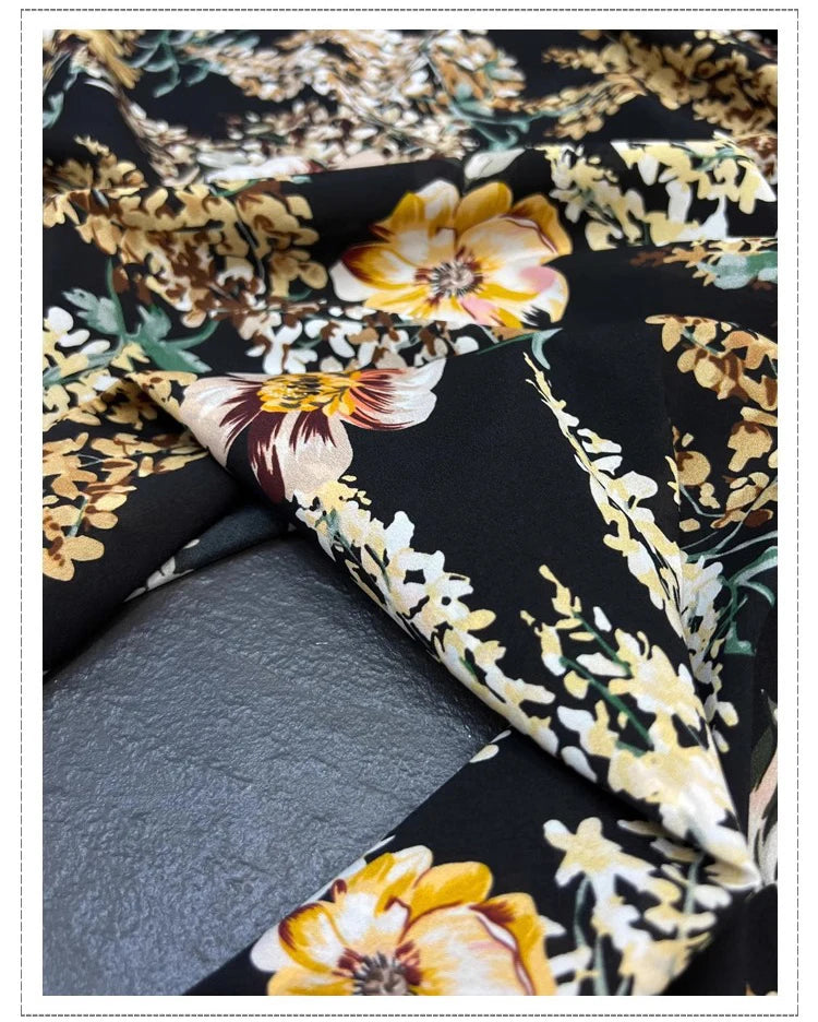 Silk Spandex Fabric Crepe De Chine 18m/m Silk Fabric for Sewing by 1 Yard (Yellow Red Floral Print on Black) DIY Summer Thin Dress Pajamas Pants Material D1319