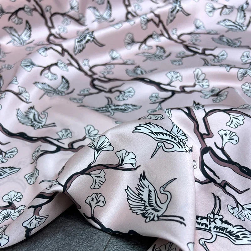 120CM Wide 19MM 93% Silk & 7% Spandex Floral Print Stretch Pink Silk Satin Fabric for Dress Cheongsam Shirt Jacket Pants,DIY Sewing Material D1174