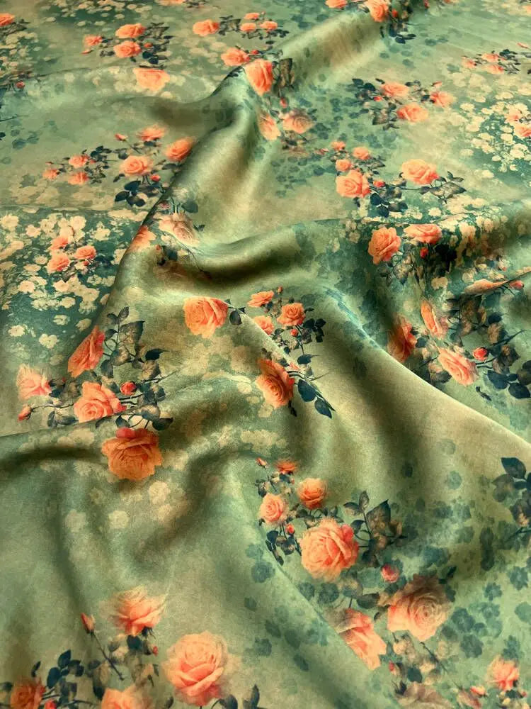 47'' Wide 25MM Thick Gambiered Gauze Silk Fabric with Orange Floral Printed Green Design for Soft Cheongsam Horse Face Skrit Dress Summer DIY Sewing MaterialE1589