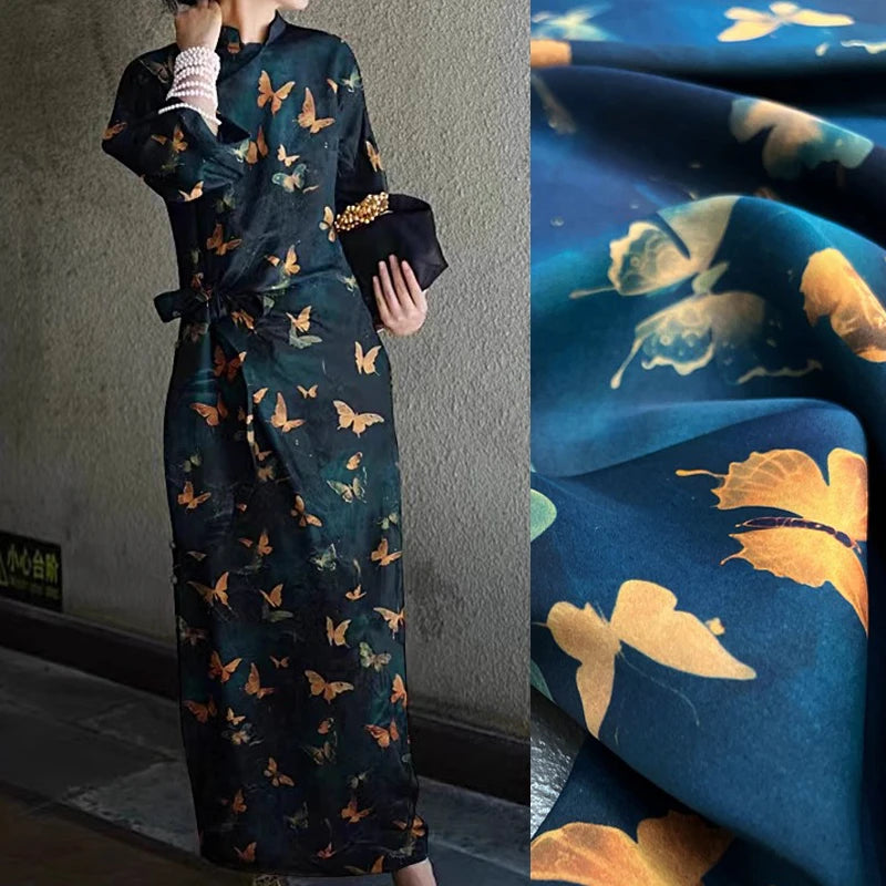 47'' Width 25Thickness DIY Sewing Soft and Comfortable Gambiered Guangdong Silk Fabric Material by Yard,Stretch Fabric with Butterfly on Blue for Cheongsam Dress Shirt DIY R395