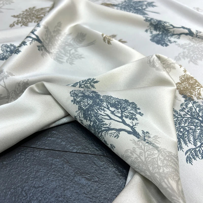 Trees Print on White Silk Satin Fabric 140CM Wide 20MM 93% Silk & 7% Spandex Dress Shirt Summer Stretch Silk Fabric for DIY Sewing D1450
