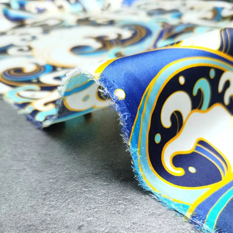 120CM Wide 19MM Blue Wave Print 93% Silk 7% Spandex Stretch Silk Satin Fabric for Smooth Dress Cheongsam,DIY Sewing Material D1156