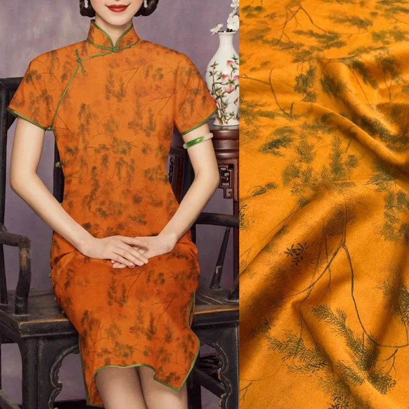 25MM Thickness Trees Print Orange Stretch Silk Fabric by Yard - Wide 47'' - Ideal for Dress & Cheongsam - High-Quality DIY Sewing Material D1260