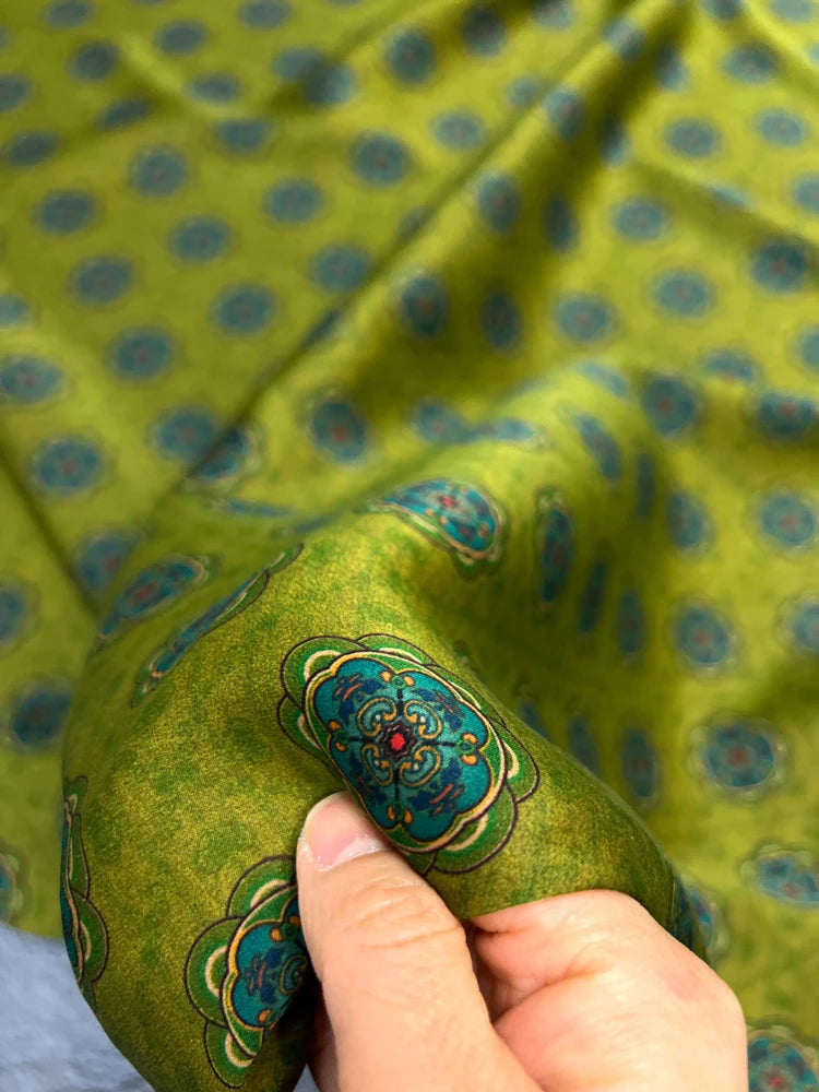 Gambiered Gauze Silk Fabric with Chinese Style Printed on Green Design for Cheongsam Horse Face Skrit Dress,47'' Wide 25MM Thick,DIY Sewing Stretch Material E1557