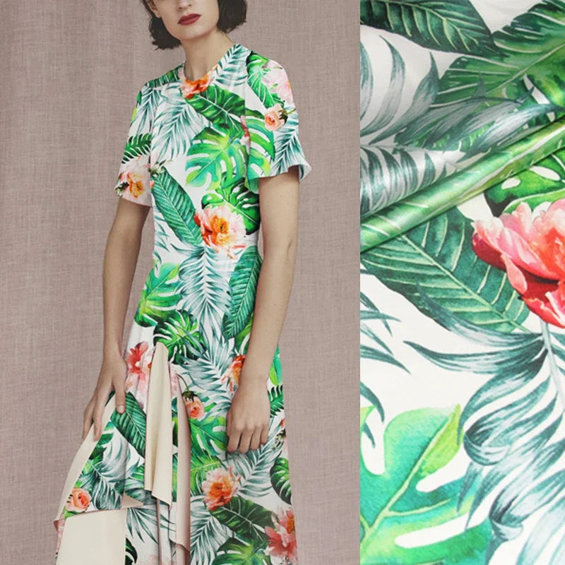 105CM Wide 91G/M Big Green Print Stretch Silk Satin Fabric for Summer Spring Smooth Suit Dress Jacket Skirt,DIY Sewing Material C019