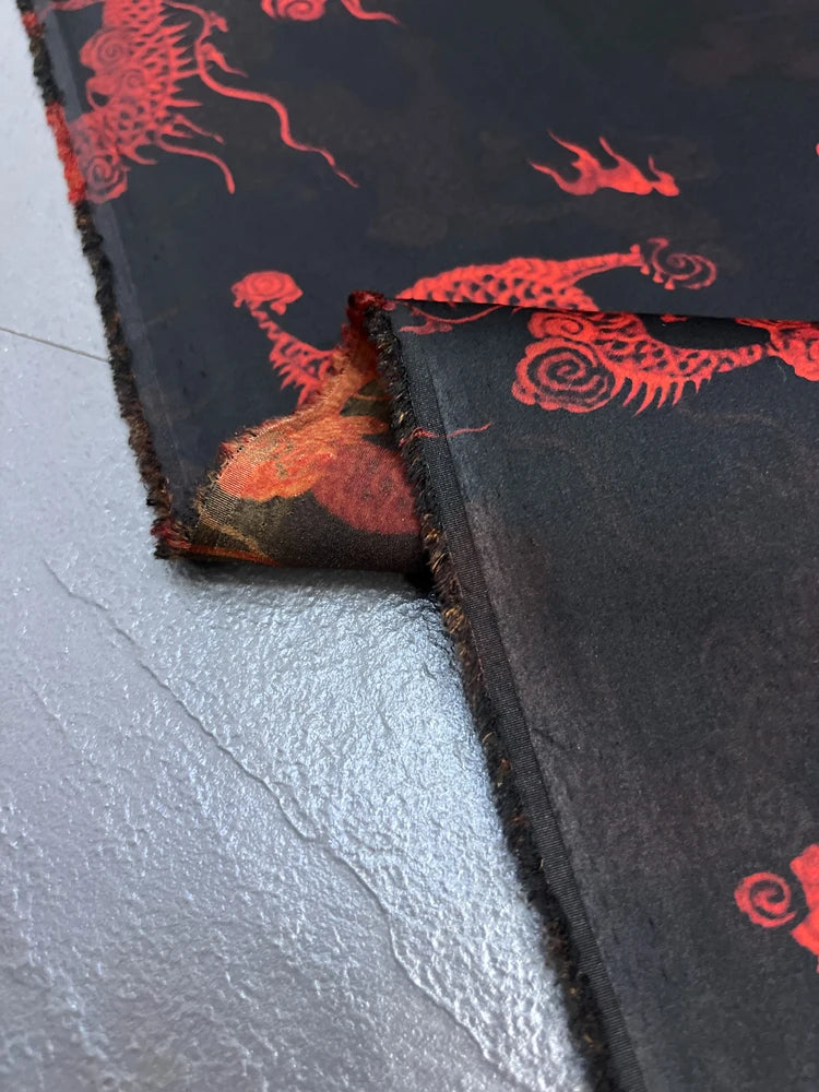 47'' Width 25MM Thick Gambiered Gauze Silk Fabric with Red Chinese Dragon Print on Black Design for Cheongsam Horse Face Skrit Dress Pants,DIY Sewing Material E1562