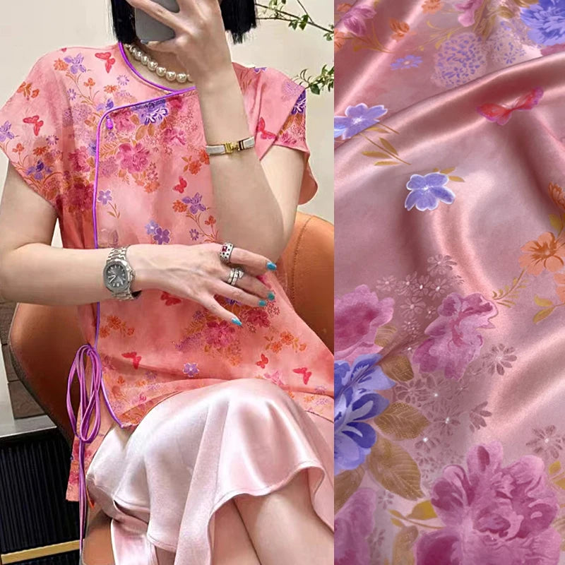 Jacquard Silk Fabric by Yard -55'' Wide-26MM Thickness-Perfect for Summer Shirt Dress Cheongsam Floral Butterfly Print on Pink Silk Fabric DIY Sewing Material D1463