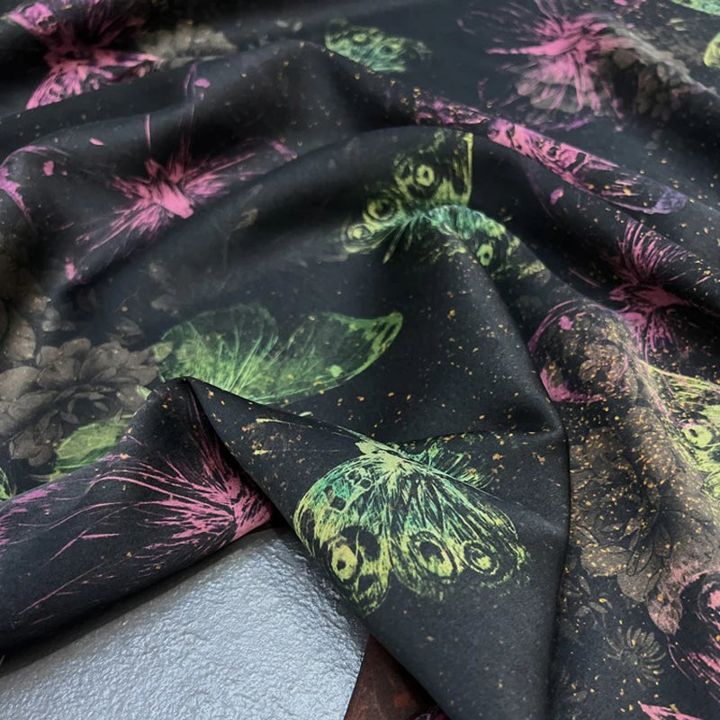 Magic Green Pink Butterfly on Black Gambiered Guangdong Silk Fabric for DIY Sewing Blouse Cheongsam Dressmaking-47'' Wide 25MM Thickness R396