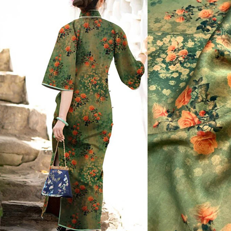 47'' Wide 25MM Thick Gambiered Gauze Silk Fabric with Orange Floral Printed Green Design for Soft Cheongsam Horse Face Skrit Dress Summer DIY Sewing MaterialE1589
