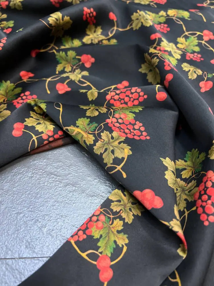 47'' Wide 25MM Thickness Gambiered Gauze Silk Fabric Red Fruites Print on Black Design for Cheongsam Horse Face Skrit Dress Pants Summer DIY Sewing Material by Yard E1592