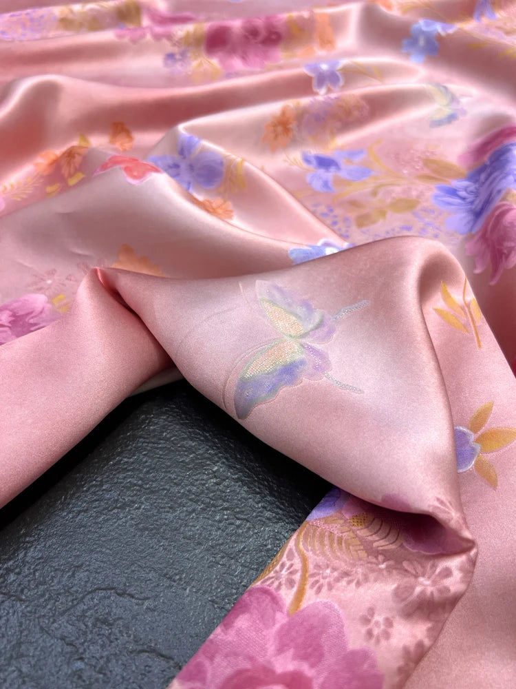 Jacquard Silk Fabric by Yard -55'' Wide-26MM Thickness-Perfect for Summer Shirt Dress Cheongsam Floral Butterfly Print on Pink Silk Fabric DIY Sewing Material D1463