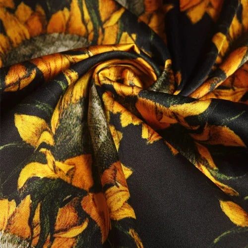 Yellow Sunflower Print 95% Silk & 5% Lycra Strech Silk Satin Fabric for Blouse Dress Clothing Cheongsam 105CM Wide 91G/M,DIY Sewing Material C007