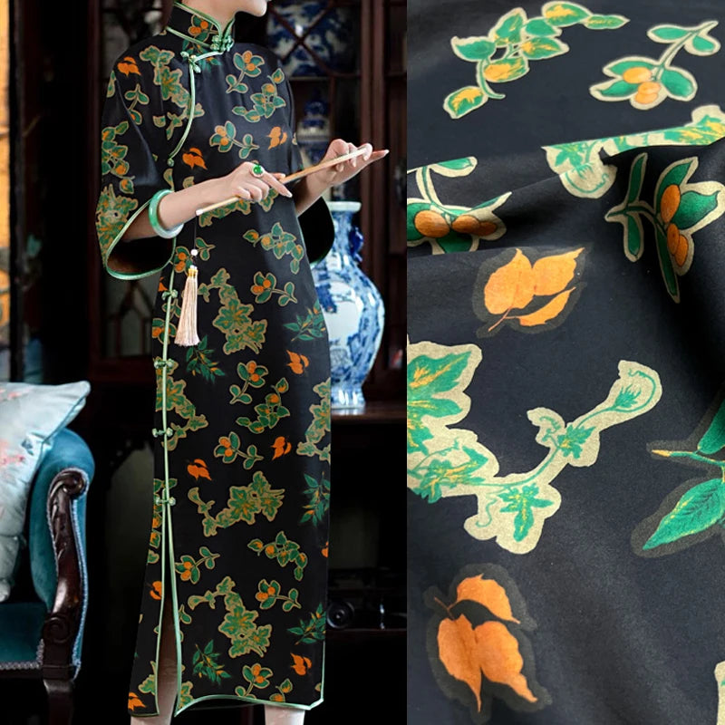 47'' Wide 25MM Thick Gambiered Gauze Silk Fabric with Green Leaves on Black Printed Design for Cheongsam Horse Face Skrit Dress DIY Sewing Material By Yard E1570